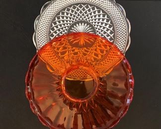 $40 each -White glass platter, orange platter SOLD .  Each 14" diam. 