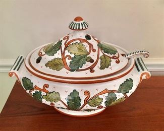 $85 Soup tureen Italy tiny tiny  chip on edge with ladle.   16" L, 10" W, 12" H.