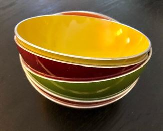 $85 Emalox Norway set of 5 colorful bowls
2” H x 5” diam.  Each 5" diam, 2" H. 

