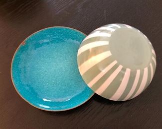 $30 each enamel bowls, blue on left tiny chip (signed Design Light Blau F).  Left: 4.5" diam, 0.75" H.  Right: SOLD 