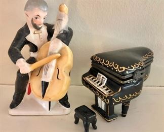 $40 ea Porelain  cello figure , piano box with stool, 5” H x 2.75” W x 3” D (cellist)