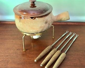 $60 Small fondue set with 4 forks mid century set #2.   Pot 7" diam, 4.5" H; forks 11" L. 