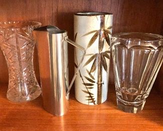 $40 ea crystal vases, pitcher (SOLD) and ceramic bamboo vase.  Ceramic bamboo vase 11.5" H, 4.75" diam.  
