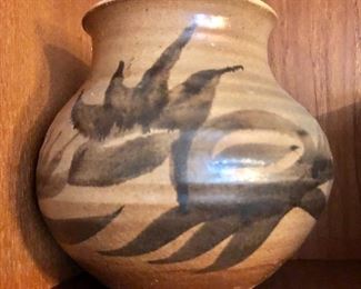 $35 Signed brushstroke pottery vase.  6.75" H, 7" diam.  
