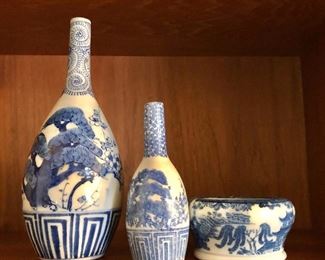 $70, $40, $25 Blue and white porcelain vases.  Left: 9.5" H; center: 5.5" H; right: 2.25" H,  4" diam.