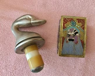 $20 each Duck wine stopper SOLD  and Enamel match box 