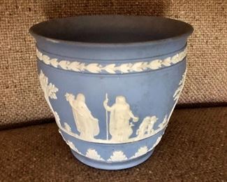 $35 Wedgewood blue and white pot (can hold a plant).  4.25" H, 5" diam. 