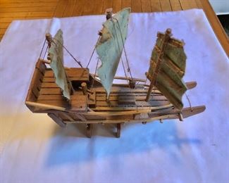 $40 Wood junk sail boat on stand 7.5" H by 8" L