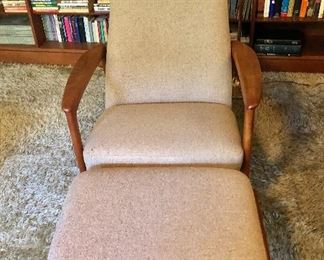$1200 "Dux of Sweden"  Mid Century chair and ottoman.  Chair 38" H, 29.5" W,  26" D, seat height 16". 
