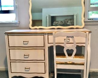 $195 ALL 4 drawer desk, chair and mirror.  Desk:  31" H, 46" W, 17" D.  Mirror: 24" H x 36" W. 