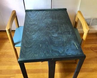 $60  Child's two chairs and table.  $25 ea Chairs each 22.5" H, 14" W, 13" D, seat height 13".  $10 Table 30.5" L, 21" W, 20" H. 