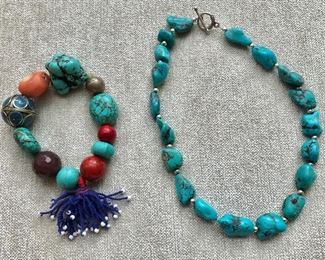 $45 Bracelet with stones and tassle, %55 Turquoise beaded necklace 
