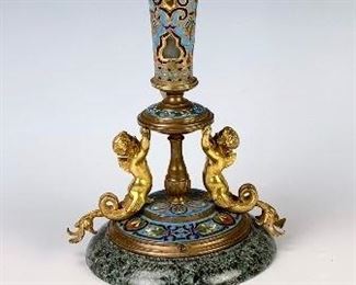Gilt Bronze Champleve, Marble & Putti Vase