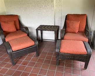 Resin Wicker Chairs and Ottomans
31” Wide 34” Deep and 37” Tall
Table is 24”x18”x 24 Tall
$550