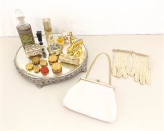 Vintage Mirrored Dresser Tray with Vintage Rouge, Perfume, Purse, etc.
