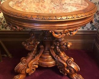 Outstanding Round Walnut Marble Top Table With Figural and Claw Feet
