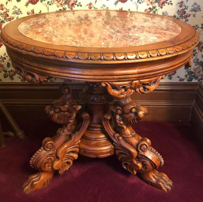 Outstanding Round Walnut Marble Top Table With Figural and Claw Feet