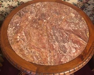 Outstanding Round Walnut Marble Top Table With Figural and Claw Feet