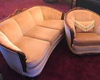 Excellent 1930's Wooden Frame Sofa and Matching Chair, Nicely Carved Frame