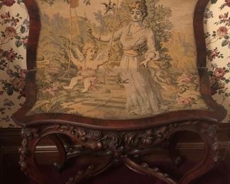 Rare Walnut Game Table With Swivel Tapestry Top, Ornately Carved Flowers/Roses