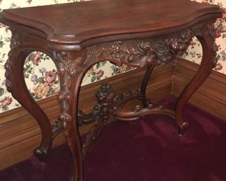 Rare Walnut Game Table With Swivel Tapestry Top, Ornately Carved Flowers/Roses