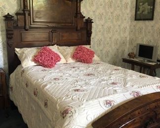 Walnut Victorian Bedroom Set, High Back Bed and Marble Top Dresser