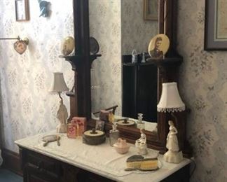 Walnut Victorian Bedroom Set, High Back Bed and Marble Top Dresser
