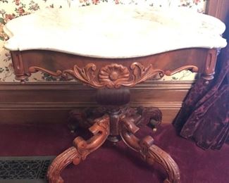 Walnut Marble Top/Turtle Top Parlor Table, Pedestal Base