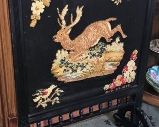 Needlepoint Fireplace Screen  With Leaping Deer, Dated 1866