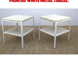 Lot 60 Pr Outdoor Travertine and painted white metal tables. 