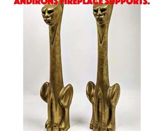 Lot 77 Pair Heavy Brass Cat Form Andirons Fireplace Supports. 