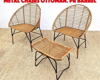 Lot 175 3pc Woven Rattan Black Metal Chairs Ottoman. Pr Barrel 