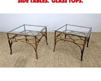 Lot 192 Pair Gilt Iron Faux Bamboo Side Tables. Glass Tops. 