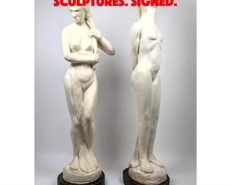 Lot 205 2pcs Plaster Nude Woman Sculptures. Signed.