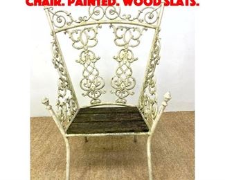 Lot 271 Fancy Ornate Iron Throne Chair. Painted. Wood slats. 