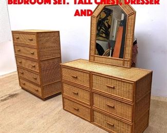 Lot 502 3pc Rattan Bamboo Bedroom Set. Tall Chest, Dresser and