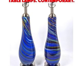 Lot 508 Pr Blue Swirled Art Glass Table Lamps. Contemporary.