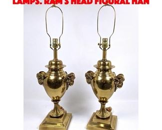 Lot 509 Pr Brass Ginger Jar style Lamps. Ram s Head Figural Han