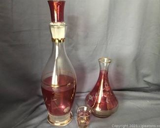 Cranberry Decanter Vase and Shot Glass