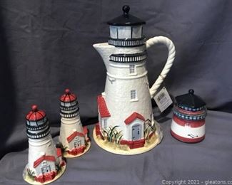 Lighthouse Pitcher Salt and Pepper Shakers and Jelly Jar