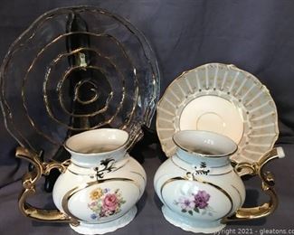 Lots of Gold Trim Plate Bowl and Two Cups