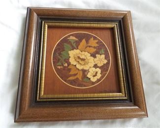 Marquetry Wood Art Framed Floral Bouquet