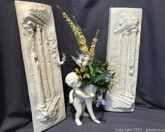 Two Wall Plaques and Cupid Vase