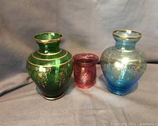 Vintage Colored Glass Vases Trimmed in Gold