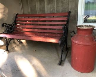 Iron Patio Bench with Vintage Milk Jug