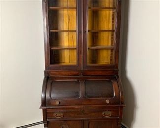 Two Piece Roll Top Desk and Glass Door Hutch