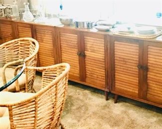 Set of (5) Mid Century Louvered Door Console Cabinets with splayed legs. Can be used individually or in any combination