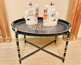 Tin litho coffee table, Pair of Staffordshire figures 
