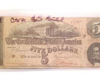 1864 Confederate States of America Five Dollar Bill