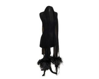 Adrienne Landau Black Chiffon Shawl wRacoon Style Fur Fringe